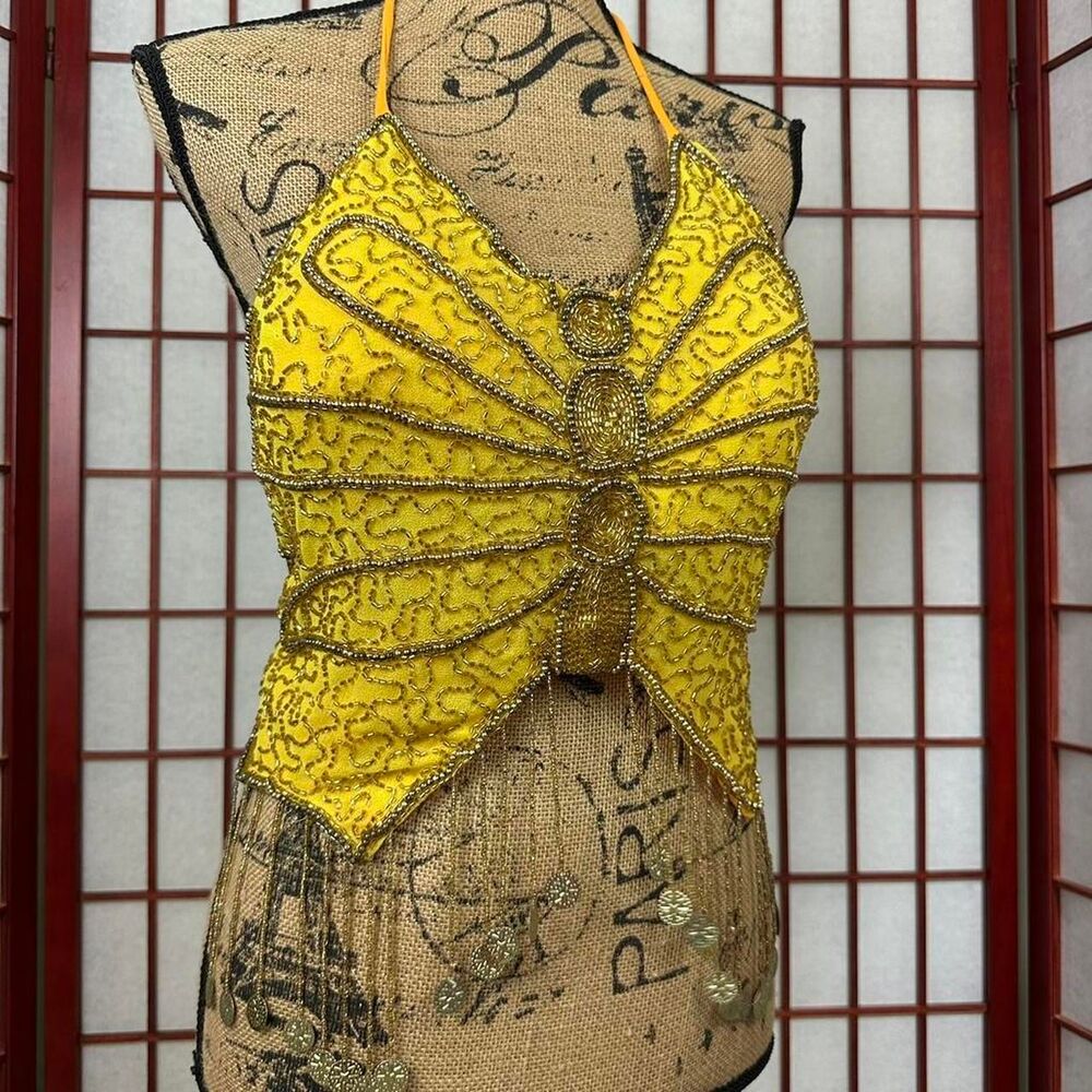 Y2K Yellow Beaded Butterfly Halter Belly Dance Crop Top - Picture 2 of 6